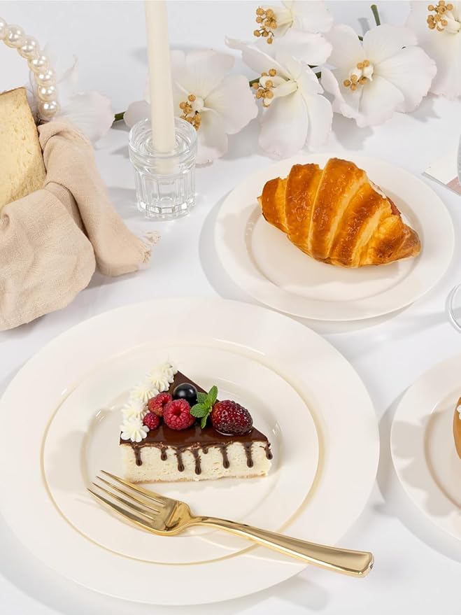 WDF 200PCS Ivory Plastic Plates - Elegant Ivory Disposable Plates for Party- Include 100 Dinner Plate 10inch and 100 Plastic Dessert Plate 7inch Perfect for Party Baby Shower Spring Mother's Day