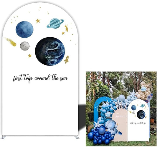 First Trip Around The Sun Arch Cover Backdrop Outer Space Astronaut 1st Birthday Party Background Boy Kids Galaxy Planet Rocket,Spandex Curved Top (Stand is not Included) (G4353,3x5ft (W*H))