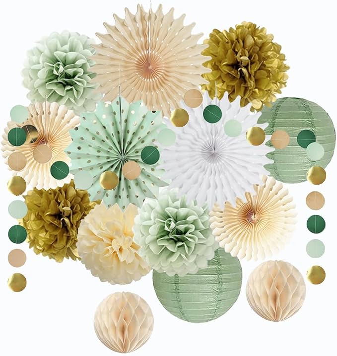 Sage Green Party Decorations Sage Green and Gold Party Decorations Paper Pom Poms Paper Fans Lanterns for Birthday Baby Shower Wedding Bridal Shower Party Decor