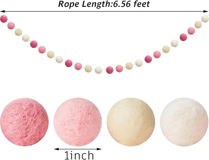 WILLBOND 2 Pieces Wool Felt Rainbow Ball Garland Colorful Pom Pom 6.5 ft Long 24 Ball Garland for Easter Mardi Gras Classroom Halloween Thanksgiving Xmas (Pink,Light Pink,Beige,White)