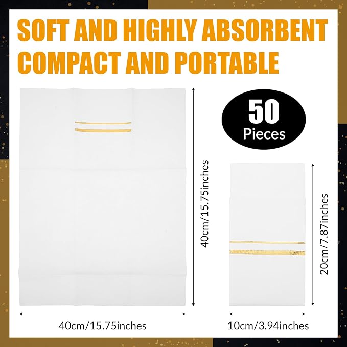 Roshtia 50 Pack Dinner Napkins Disposable Linen Feel Dinner Napkins with Built-in Flatware Pocket Gold Trim Lined Pre Folded Paper for Wedding Party (White,Gold)