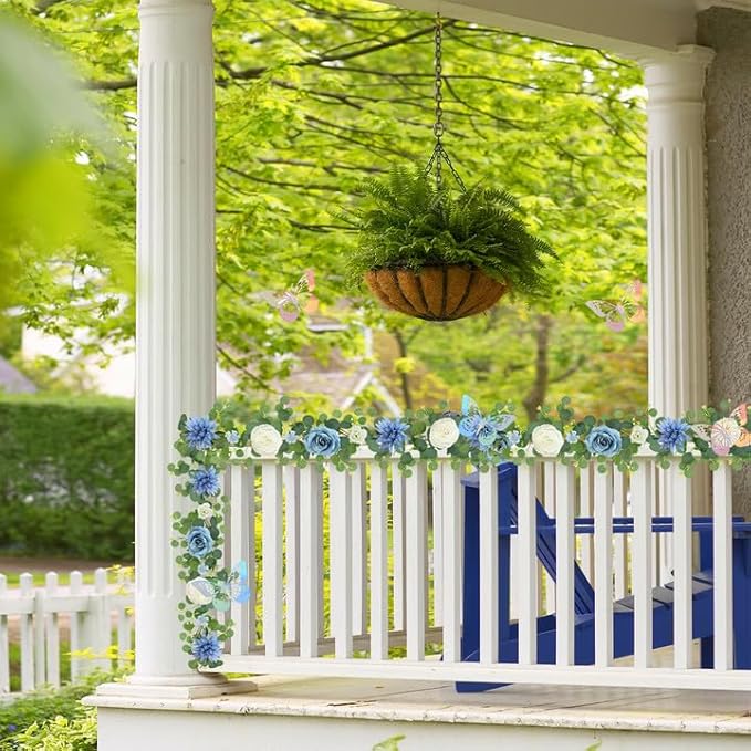 Eucalyptus Garland with Flowers - 2 Pack 5.9 FT Artificial Flower Garland with Butterflies Faux Rose Greenery Garlands for Backdrop Wedding Arch Centerpieces Decorations - Dusty Blue & White