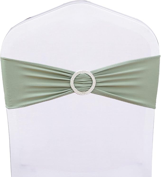 Pack of 100 Stretch Sage Green Chair Sashes for Wedding, Elastic Lycra Chair Bands with Buckle Slider, Spandex Chair Bows for Party, Without White Chair Covers (Sage Green)