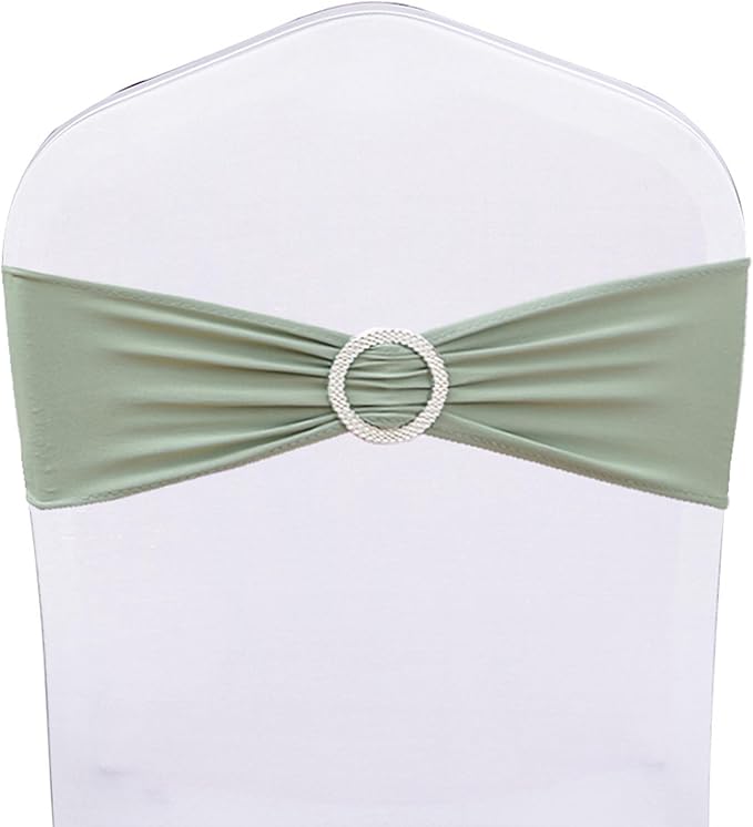 Pack of 100 Stretch Sage Green Chair Sashes for Wedding, Elastic Lycra Chair Bands with Buckle Slider, Spandex Chair Bows for Party, Without White Chair Covers (Sage Green)