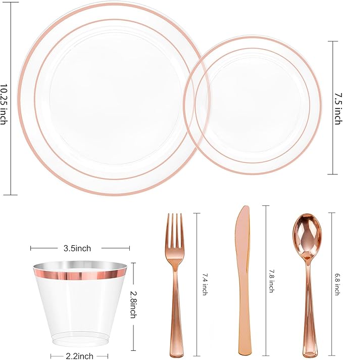 bUCLA 300PCS Rose Gold Plastic Dinnerware - Clear Dinnerware Set Disposable Include 50 Dinner Plates,50 Dessert Plates,50 Knives,50 Forks,50 Spoons,50 Cups for Party, Wedding & Mother's Day