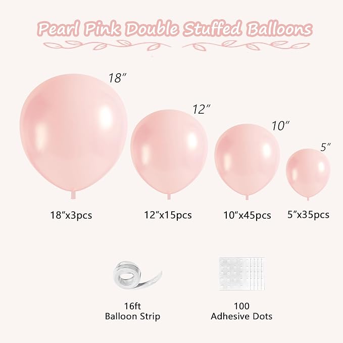 Pearl Pink Balloons, 98PCS Double Stuffed Dusty Rose Pink Balloon Garland Arch Kit, 18/12/10/5 Inch Different Sizes for Baby Bridal Shower Birthday Boho Wedding Party Decorations