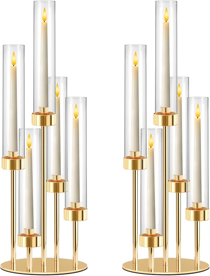 5-Arm Black Metal Table Candelabra Centerpiece, 22" Tall Clear Candlesticks Holder with Shade for Valentines Day Events Party Table Centerpiece,Fit LED Candles (2, Gold, S-22 in)