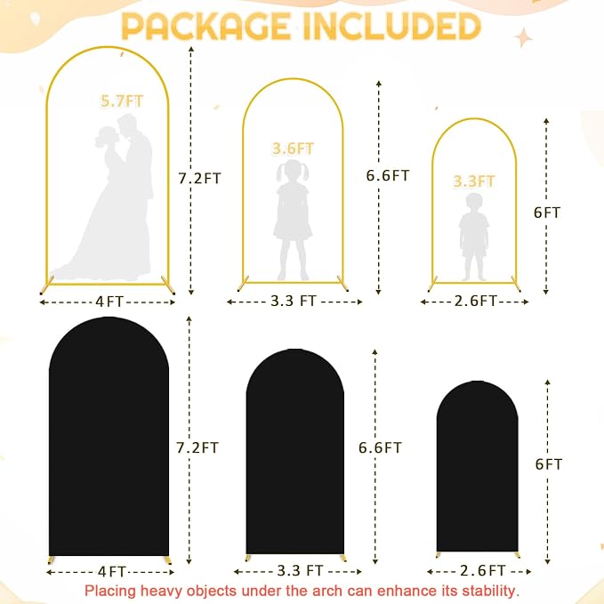 FUHSY Metal Arch Backdrop Stand and Cover Set 6FT, 6.6FT, 7.2FT Black Arch Cover Set of 3 Wedding Backdrop Arch Stands Chiara Arched Frame with Covers for Birthday Party Baby Shower Decor