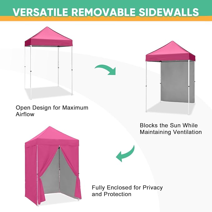5x5 Pop Up Canopy Tent with Four Sidewalls, Instant Portable Beach Canopy, Outdoor Tent with Carry Bag for Camping, Sports, Tailgating, Events, Pink