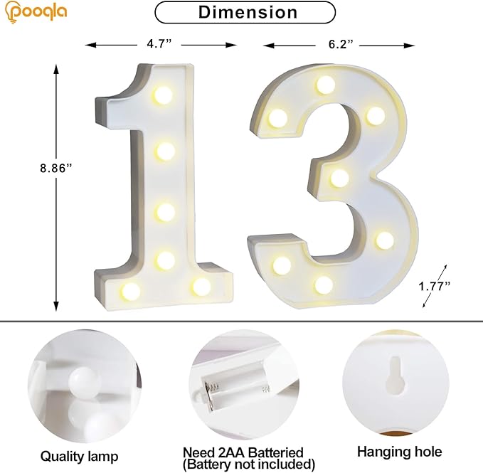 Pooqla 13th Birthday Decoration for Girls Boys, Decorative Marquee Numbers with Remote, Light Up 13 Sign for Party Backdrop 13th Wedding Anniversary Decor, Warm White and Cool White Number 13