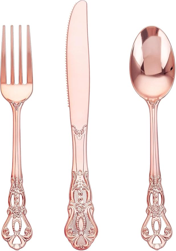 150PCS Rose Gold Plastic Silverware - Heavy Duty Elegant Disposable Utensils - Vintage Rose Gold Cutlery Set Includes 50Forks, 50Spoons, 50Knives for Dinner Parties Weddings