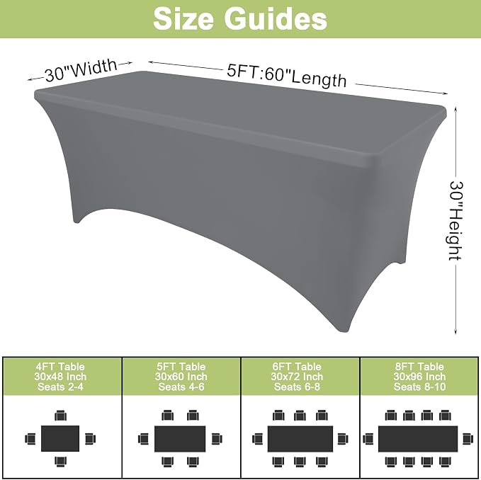 Moosfor Spandex Elastic Fitted 5FT Rectangle Tablecloth 6 Pack, Stretch Washable Reusable Table Cover for Outdoor Picnic, Dining, Wedding, Banquet & Party Events (Grey, 60Lx30Wx30H Inch)