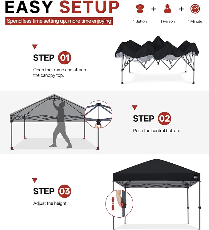 ABCCANOPY 10x10 Pop Up Canopy Tent, Easy Setup Instant Shelter with Wheeled Bag, Heavy Duty Outdoor Canopy for Beach, Market, Backyard, UV Protection, Outdoor Weather Protection (Dark Black, 10x10)