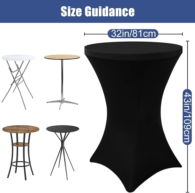 Moosfor Spandex Cocktail Table Covers 2 Pack, Elastic Fitted Stretch Table Cloth, Round High Top Tablecloths for Bar, Party, Pub, Wedding & Banquet (Black, 32x43 Inch)