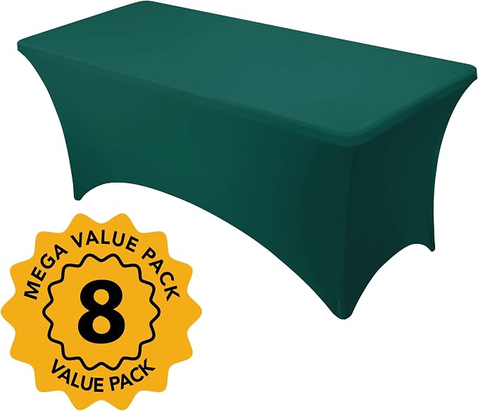 8-Pack Premium Hunter Green Spandex Tablecloths for 6ft Rectangle Tables, Stain & Wrinkle-Resistant, Washable Stretch Polyester Fitted Table Cover for Weddings, Banquets, Trade Shows Events