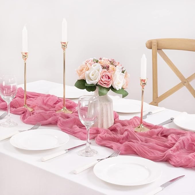 MLMC 3 Pack Mauve Pink Table Runner 10ft Sheer Gauze Spring Cheesecloth Table Runner Bulk Rustic Cheese Cloth Decor 35x120 Inches for Boho Wedding Bridal Baby Shower Birthday Party Decor