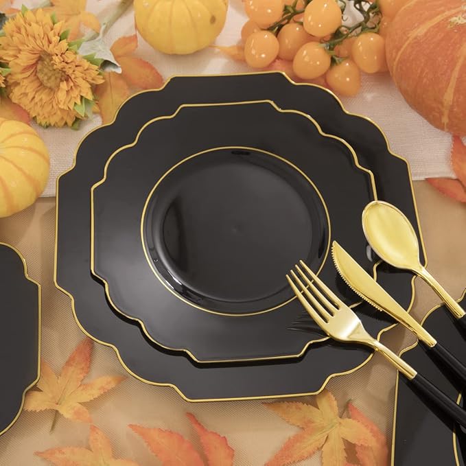 Supernal 60pcs Black Plastic Plates with Gold Rim, Baroque Black and Gold Plastic Plates, Include 30 Dinner Plate, 30 Appetizer Plate, Suit for Party, Birthday, Wedding, Halloween