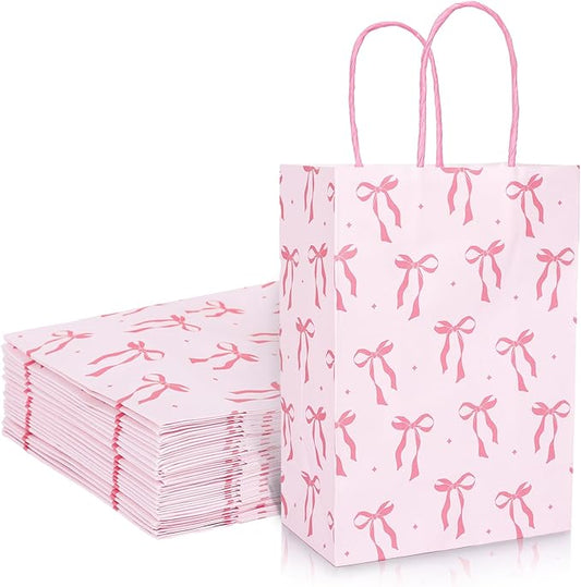 Whaline 24 Pcs Coquette Pink Bow Paper Gift Bags with Handle Party Favor Bags Cute Bow Knot Goodie Candy Treat Bag for Mother's Day Baby Shower Wedding Birthday Party Supplies, 5.9 x 8.3 x 3.1 Inch