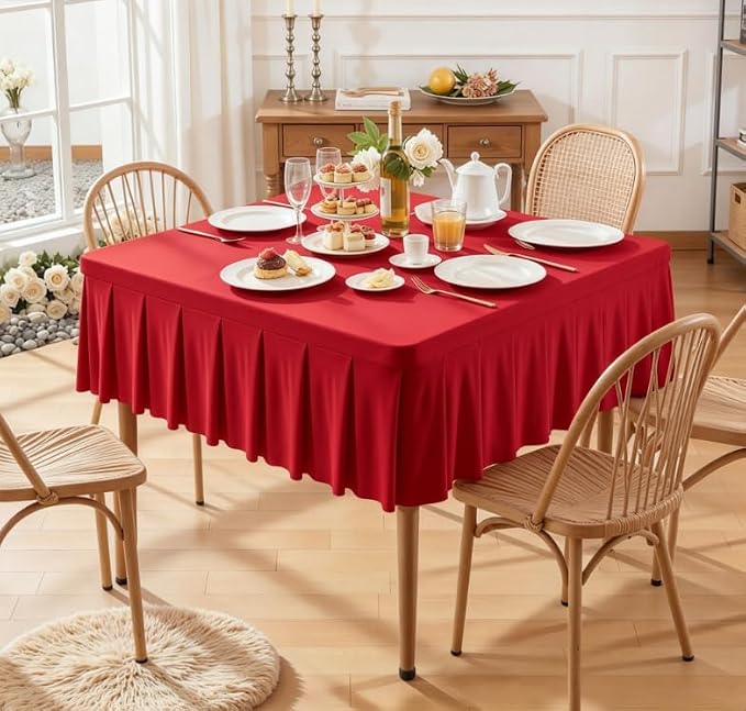 Shillance 48x48 Inch Red Spandex Square Tablecloth, Wrinkle Free Red Fitted Table Cloth for Square Tables,Washable Pleated Table Cover for Wedding Birthday Cocktail Party Buffet Dinner Camping