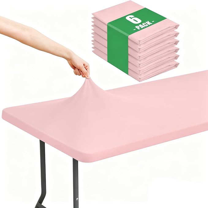 Moosfor Spandex 8 Foot Rectangle Table Cloth 6 Pack, Elastic Fitted Tablecloths for Picnic, Stretch Washable Patio Table Cover for Outdoor, Camping, Banquet and Parties (Pink, 30"x96")