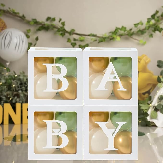 Sage Green Baby Shower Decorations Boy Girl - 4Pcs Baby Boxes with lettes and 112Pcs Green White Gold Balloons Arch Kit for Baby Shower Decorations, Dinosaur Jungle Safari Baptism Party Supplies