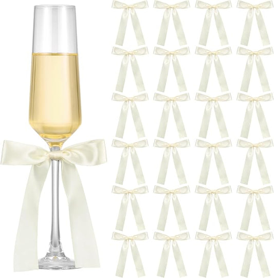 Jingmore 24 Pack Bows for Champagne Glasses Candle Holder 6.7 x 4 Inch Bow Drink Tags Wine Glass Candlestick Ribbon Self Adhesive Name Marker for Wedding Anniversary Party Gift Decor(Ivory White)