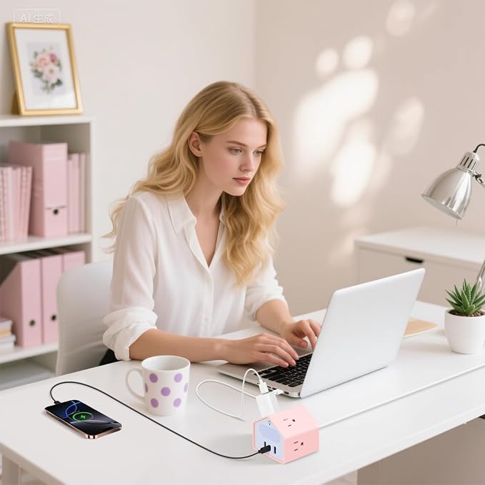 Lovely-Pink Power Strip with Night Light - Kawaii USB C Power Strip Desk Accessories - 4 Outlets 3 USB Ports - Overload Protection Plug Extender for Home, Office, Dorm, Travel, Hotel, Women, Girls