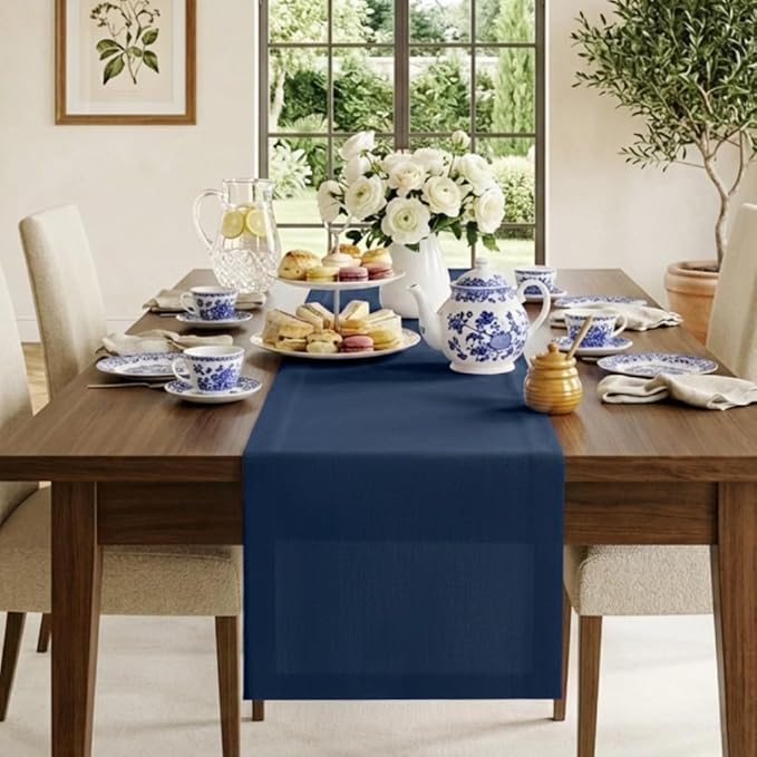 Classic Linen™ by D'Moksha Navy Blue Table Runner 144 Inches Long, 100% Pure Linen, Extra Long Table Runner, 14 x 144 Inch for Dining- Mothers Day, Spring, Summer, Memorial Day