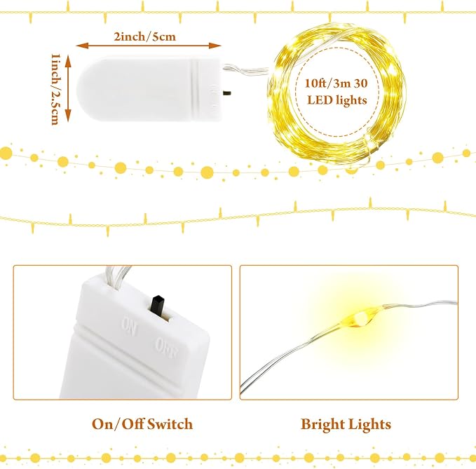 Riakrum 50 Pack 10 ft 30 LED Fairy Lights Battery Operated, Christmas Tiny String Lights Bulk Starry Light Waterproof for Mason Jars Wedding Party Christmas Centerpiece Table Decor, Warm White