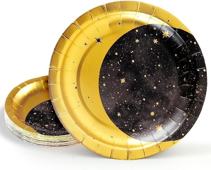 Cheerland Gold Metallic Foil Star and Moon Paper Plates for Galaxy Theme Party Tableware Set Starry Night Outer Space Birthday Sun and Moon Party Decorations Twinkle Twinkle Little Stars (24, Gold)