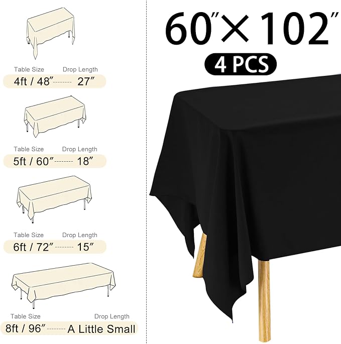 4 Pack Rectangle Tablecloth 60x102 Inch Black Washable Polyester Table Cover for Wedding Dining Table Buffet Parties Banquet Decoration（Black）