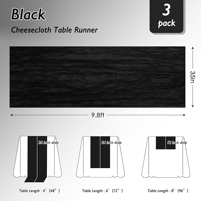 8 Pack Black Cheesecloth Table Runner 120 Inch 10FT Gauze Cheese Cloth for Baby Shower, Banquet, Theme Party, Football Theme