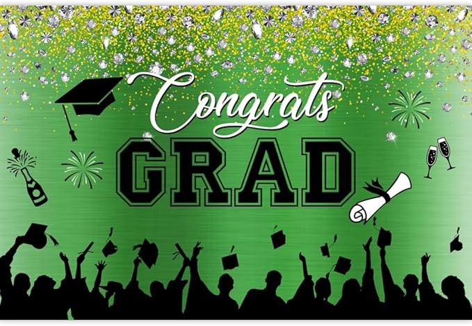 Leowefowa Congrats Grad Graduation Backdrop 10x7ft Green Gold Glitter Graduation Backdrops for Photography Congratulations Graduates Backdrop Banner Grad Prom Party Decor Grad Photo Booth Props