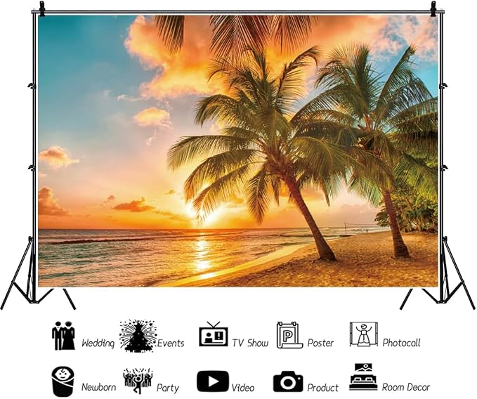 Yeele 15x10ft Summer Beach Sunset Backdrop Tropical Seaside Palm Trees Nature Scenery Background for Photography Travel Wedding Party Decorations Baby Kids Family Portraits Shoot Photo Studio Props