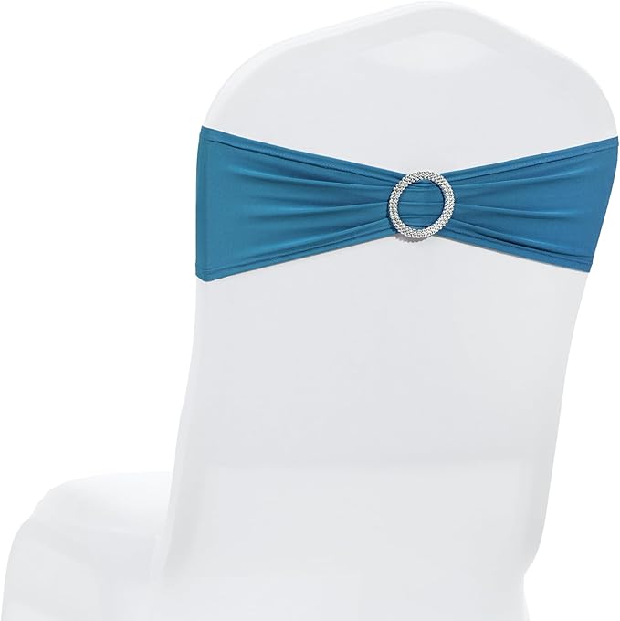 MDS Pack of 25 Spandex Chair Sashes Bow Premium Stretch Chair Cover Band with Buckle Slider Universal fits Elastic Stretch Chair Ties for Wedding Party Banquet Events Decoration - Dark Teal
