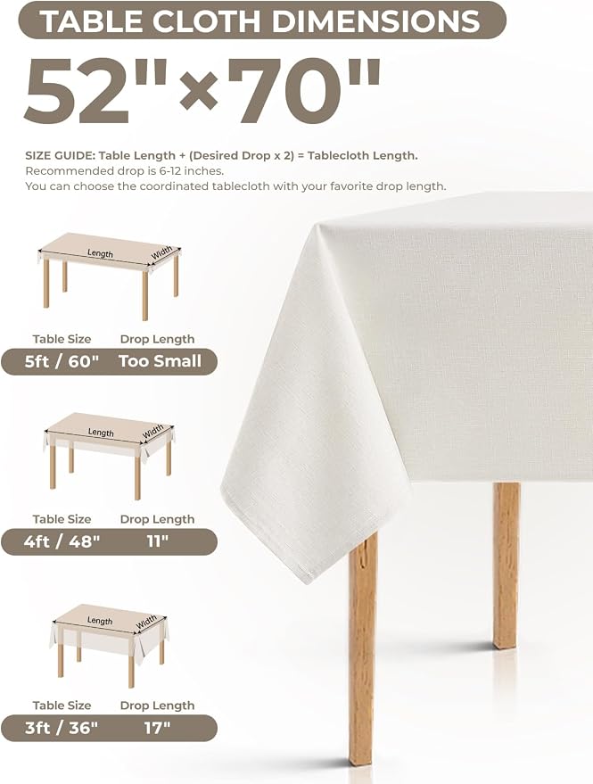 Decorelia Table Cloth for Rectangle Dining Table, Faux Linen Waterproof Texture Farmhouse Washable Rectangular Tablecloth Cover for Birthday, Party, Picnics, Wedding Decor(Ivory, 52 x70 Inch)