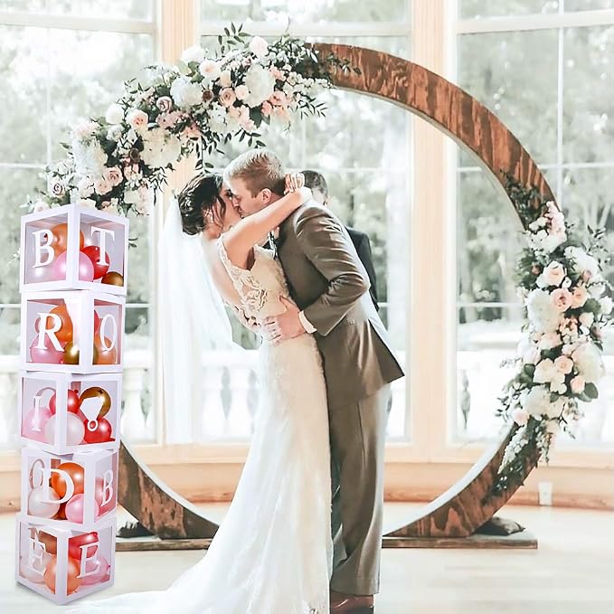 96 PC Bridal Shower Decorations Balloon Boxes White- Transparent Block with BRIDE TO BE + GROOM + A - Z Letters and 40 Balloons- Engagement Bachelorette Parties Weddings Centerpieces Photo Booth Props