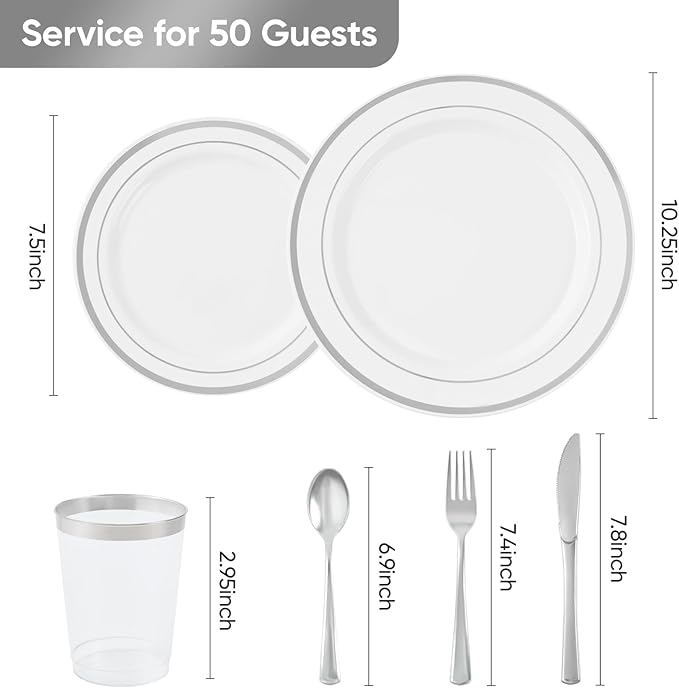 Fijinhom 350 Pieces Silver Disposable Plates for 50 Guests, Disposable Plastic Plates for Party, Wedding, Dinnerware Set of 50 Dinner Plate, 50 Salad Plate,50 Cups and 50 Paper Napkins, Silver