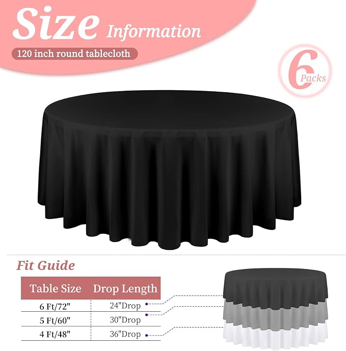 YMHPRIDE 6 Pack Black Tablecloths - 120 Inch Polyester Round Table Covers, Washable Fabric for Wedding, Party, Dining, Banquet