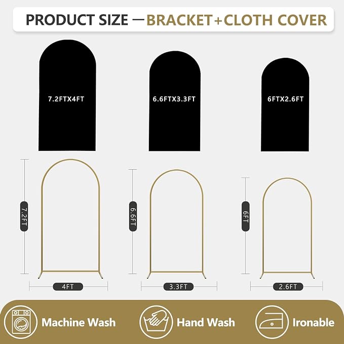 Arch Backdrop Stand and Cover Set, 3 Metal Balloon Arch Backdrop 7.2ft 6.6ft 6ft, Gold Arched Stand Frame for Wedding, Parties,Birthday, Backdrop Decorations (Black,7.2ft+6.6ft+6ft)