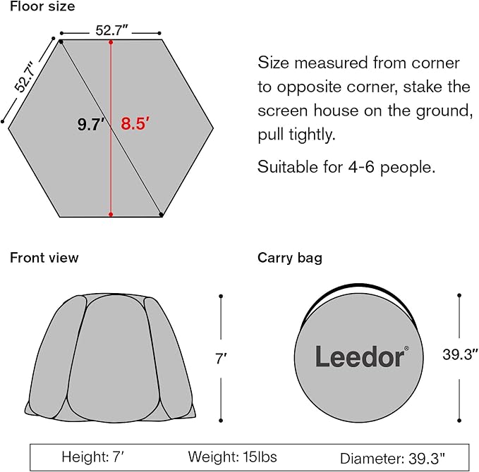 LEEDOR Pop Up Screen House, 6-10-15 Person Outdoor Screen Tent，Camping Screen Room with Carry Bag, Screened Gazebo with Mosquito Netting, Instant UV Resistant Sun Shelter for Garden, Patio, Backyard