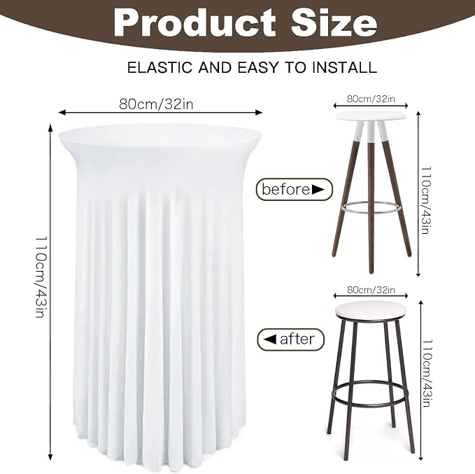 WJWHQ 5 Pack Round Spandex Cocktail Tablecloths with Skirt - Stretch Table Covers for High Top Bar, Wedding, Party, Banquet (White, 32 x 43 Inch)