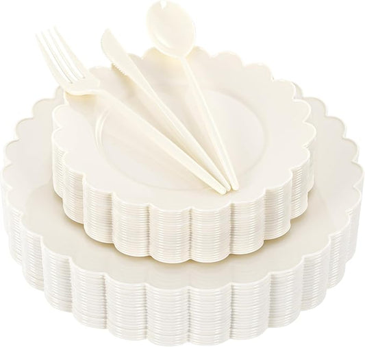 WONDERFUL 150 Pcs Ivory Plastic Plates for Party Disposable Heavy Duty Holiday Plates Ivory Plastic Dinnerware Sets - 60 Disposable Plate 90 Silverware Scalloped Vintage Design Mothers Day 30 Guests