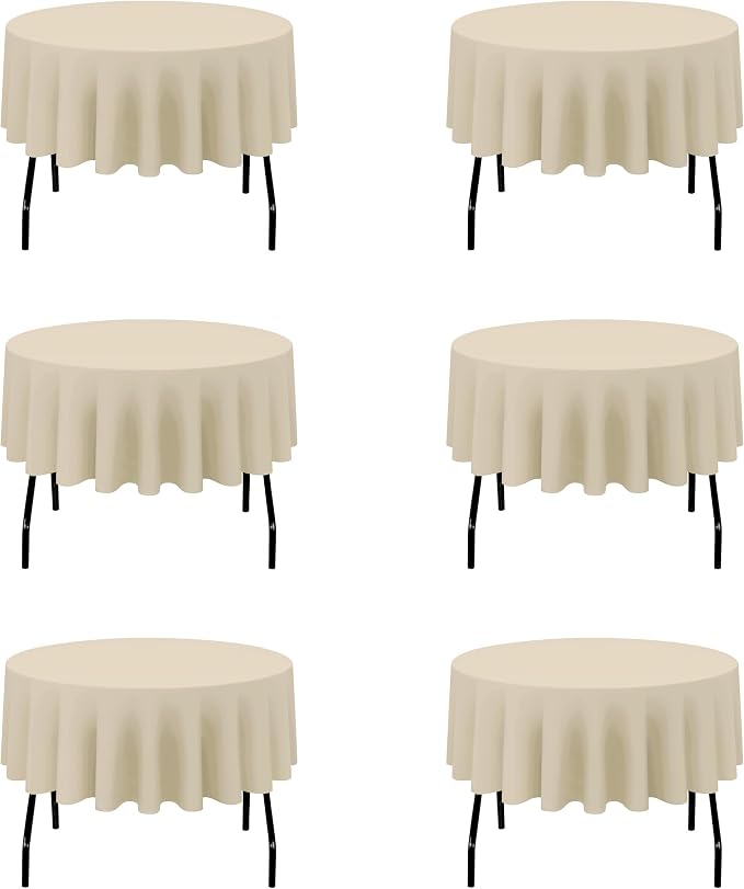 BRILLMAX 6 Pack Beige Round Tablecloths 70 Inch for 30“-48” Tables - 150 GSM Polyester Fabric, Standard Drop, Water, Stain & Wrinkle Resistant Cloth Cover for Wedding Reception Banquet Dining Party