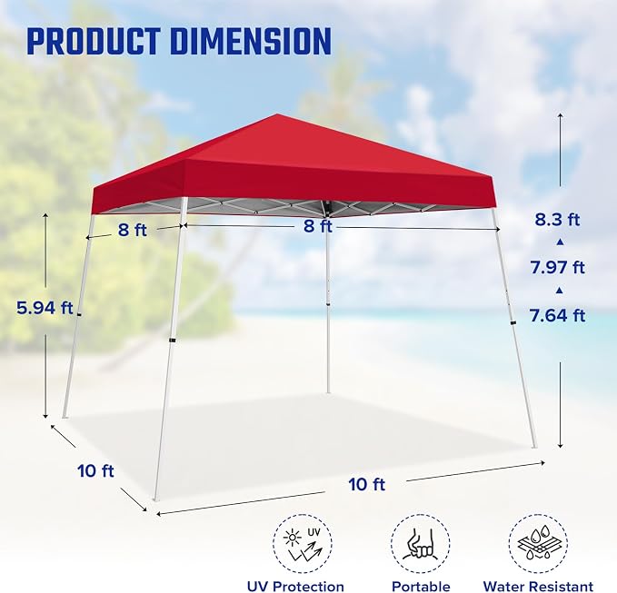 10x10 Pop Up Canopy Tent with Carry Bag, Slant Leg Instant Shade Shelter for Outdoor Events, Camping, Sports, Parties, Red