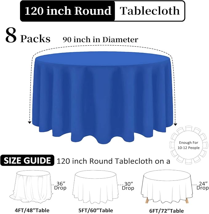 8 Pack Royal Blue Round Tablecloth 120 Inch Wrinkle Resistant Blue Table Cloth Reusable and Washable Polyester Fabric for Buffet Wedding Party and Banquet