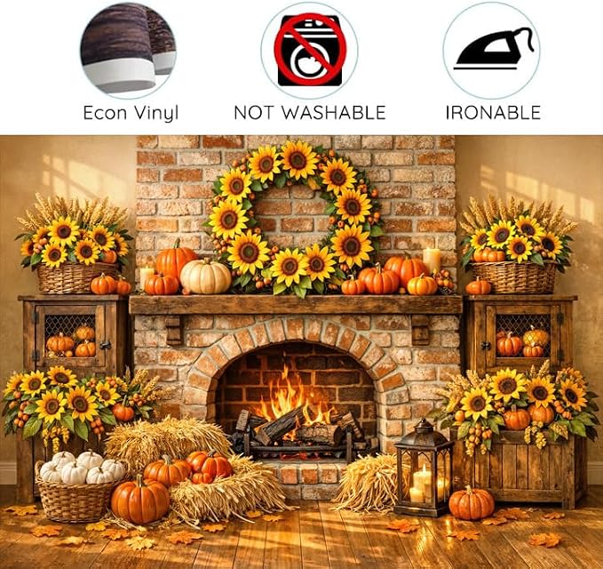 7 x 5 ft Fall Backdrop Fall Fireplace Harvest Pumpkins Maple Leaves Sunflower Background Rustic Friendsgiving Thanksgiving Family Party Decorations Backdrop Photo Props Supplies