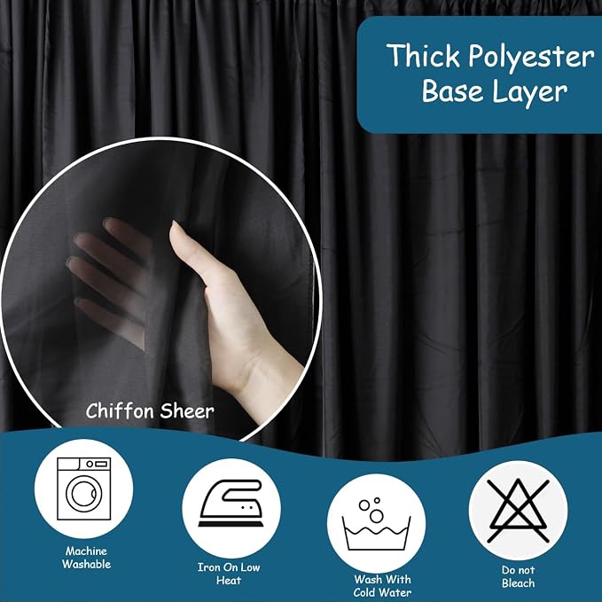 Extra Wide Two Layers One Piece Trade Show Booth Backdrop, Black, 25x10ft | Chiffon Tulle & Polyester, Extra Wide Blackout Curtains, Theatrical Backdrops