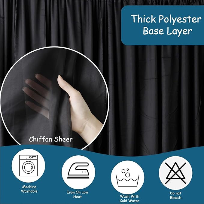 Extra Wide Two Layers One Piece Trade Show Booth Backdrop, Black, 25x8ft | Chiffon Tulle & Polyester, Extra Wide Blackout Curtains, Theatrical Backdrops