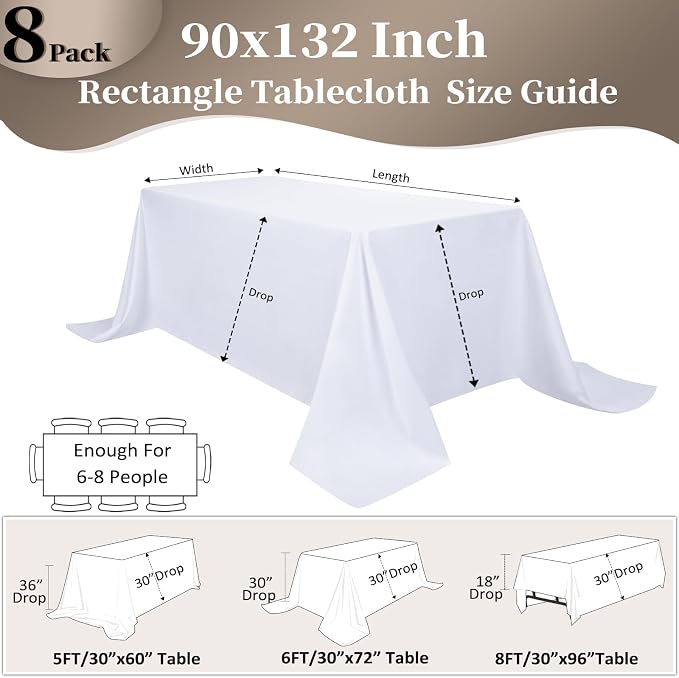 8 Pack White Table Cloth 90x132 Inch Rectangle Tablecloths for 8 Foot Rectangle Tables, Wrinkle Resistant Washable Polyester Fabric Rectangular Table Cover for Dining Banquet Wedding Party